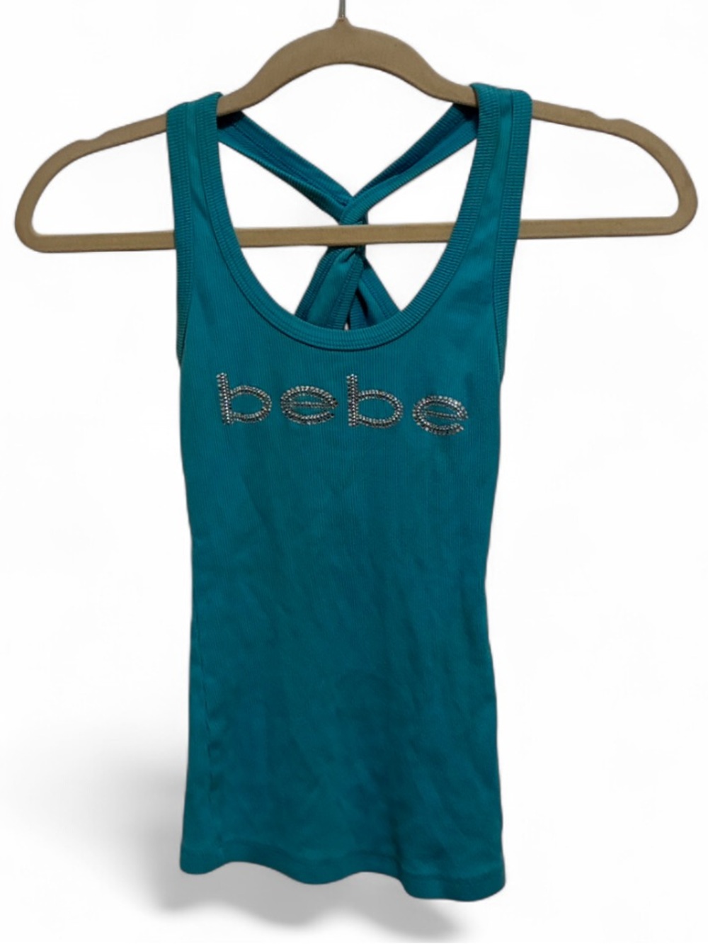 Y2K bebe Teal Blue Crisscross Racerback Ribbed Tank Top with Rhinestone Logo